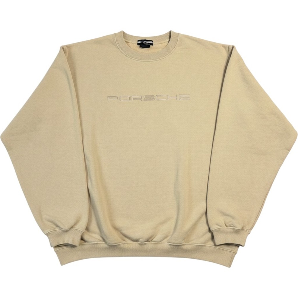 Porsche Vintage Crewneck Sweatshirt Tan Beige Embroidered Logo Mens XL USA Made